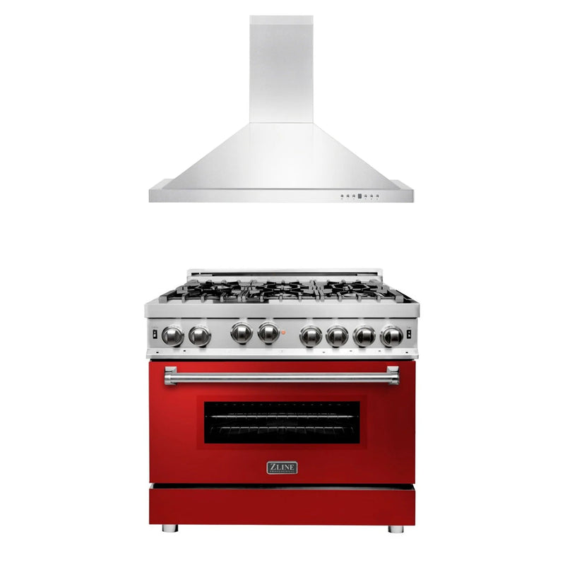 ZLINE Appliance Package - 36" Kitchen Package with Stainless Steel Gas Range with Red Gloss Door and Convertible Vent Range Hood 