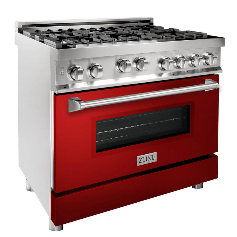 ZLINE Appliance Package - 36" Kitchen Package with Stainless Steel Gas Range with Red Gloss Door and Convertible Vent Range Hood - 2KP-RGRGRH36