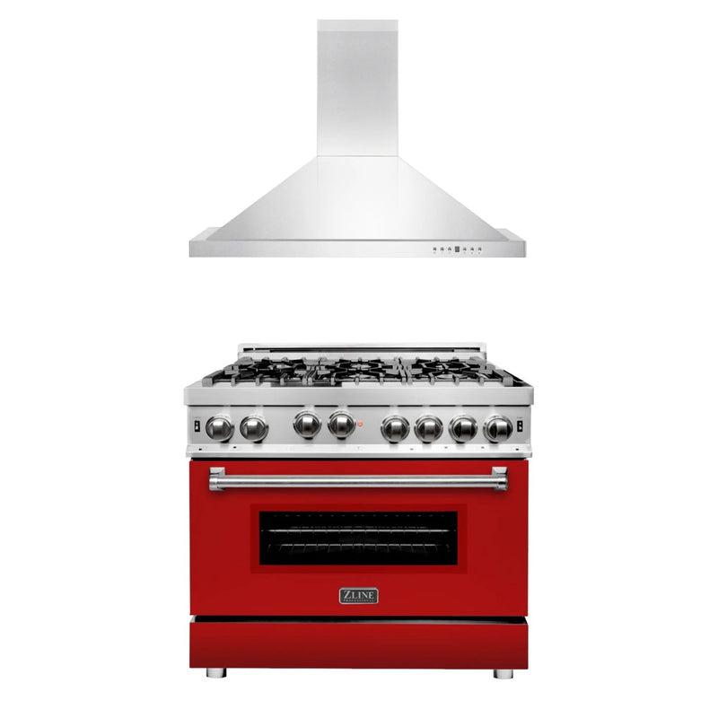 Products ZLINE Appliance Package - 36" Kitchen Package with Stainless Steel Gas Range with Red Matte Door and Convertible Vent Range Hood