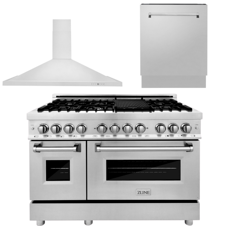 ZLINE Appliance Package - 48 In. Dual Fuel Range, Range Hood, 3 Rack Dishwasher - 3KP-RARH48-DWV