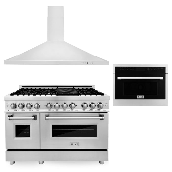 ZLINE Appliance Package - 48" Kitchen Package with Stainless Steel Dual Fuel Range, Convertible Vent Range Hood and 24" Microwave Oven - 3KP-RARHMWO-48
