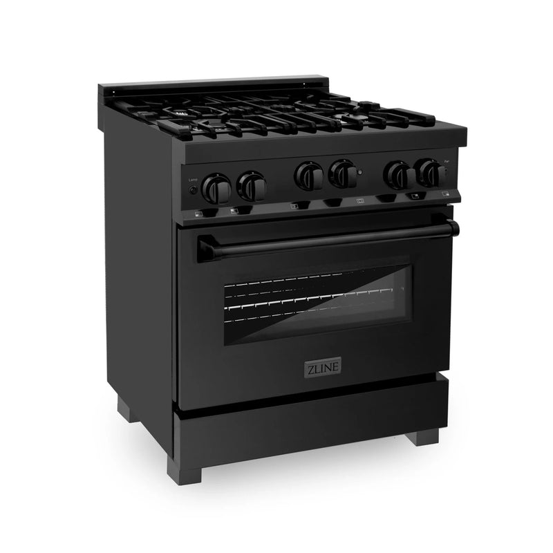 ZLINE Appliance Package - Kitchen Package with Black Stainless Steel Refrigeration, 30" Gas Range and 30" Traditional Over the Range Microwave - 3KPR-RGBOTRH30