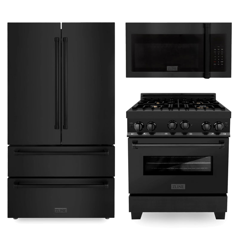 ZLINE Appliance Package - Kitchen Package with Black Stainless Steel Refrigeration, 30" Gas Range and 30" Traditional Over the Range Microwave