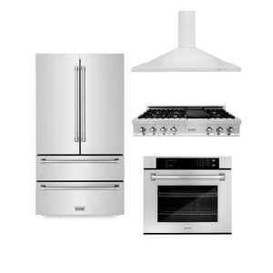 ZLINE Appliance Package - Kitchen Package with Refrigeration, 48" Stainless Steel Rangetop, 48" Range Hood and 30" Single Wall Oven