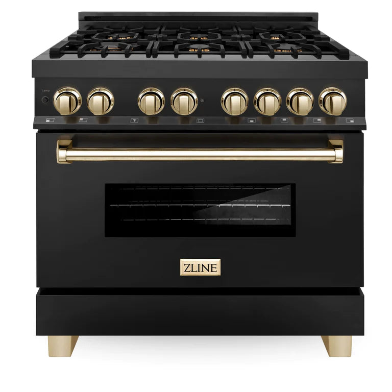 ZLINE Autograph 36 in. Gas Burner/Electric Oven Range in Black Stainless Steel with Gold Accents, RABZ-36-G