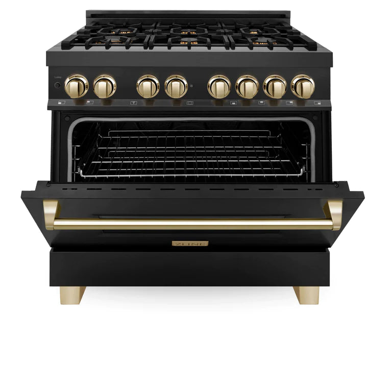 ZLINE Autograph 36 in. Gas Burner/Electric Oven Range in Black Stainless Steel with Gold Accents, RABZ-36-G