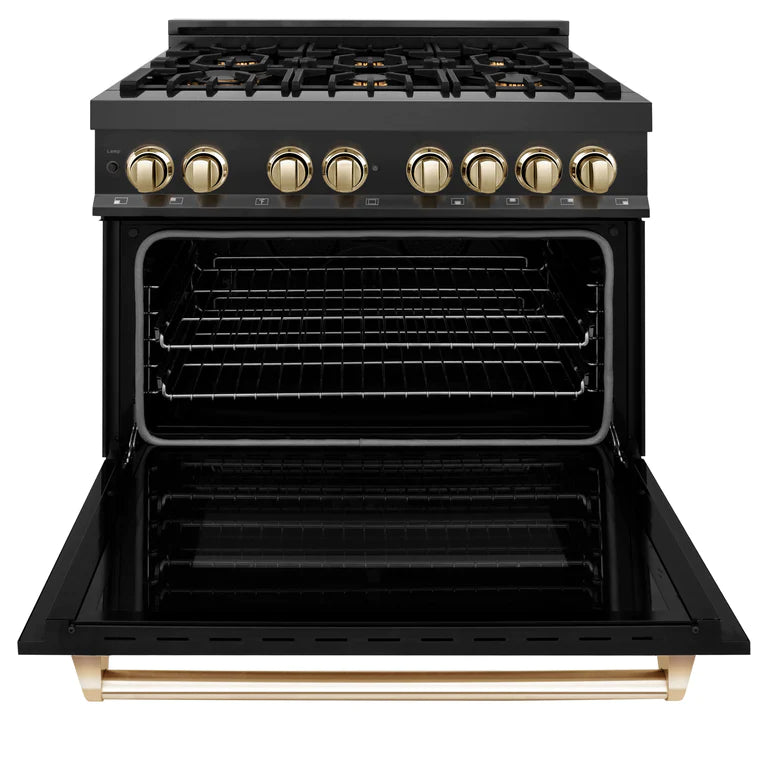 ZLINE Autograph 36 in. Gas Burner/Electric Oven Range in Black Stainless Steel with Gold Accents, RABZ-36-G