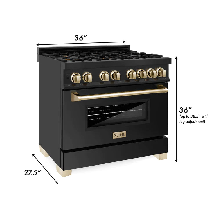 ZLINE Autograph 36 in. Gas Burner/Electric Oven Range in Black Stainless Steel with Gold Accents, RABZ-36-G