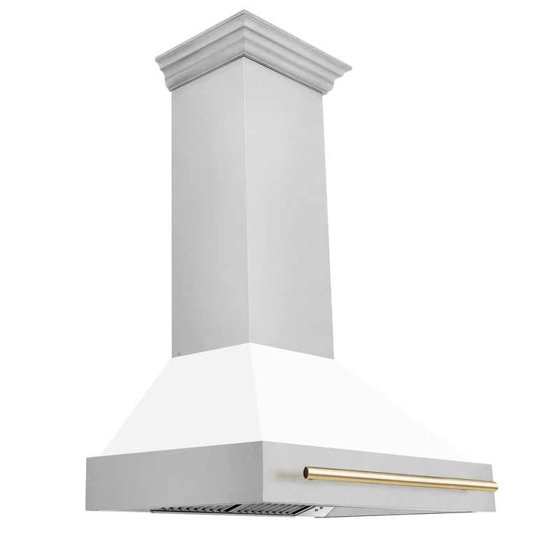 ZLINE Autograph 36 Inch DuraSnow Stainless Steel Range Hood with White Matte Shell and Gold Handle, 8654SNZ-WM36-G