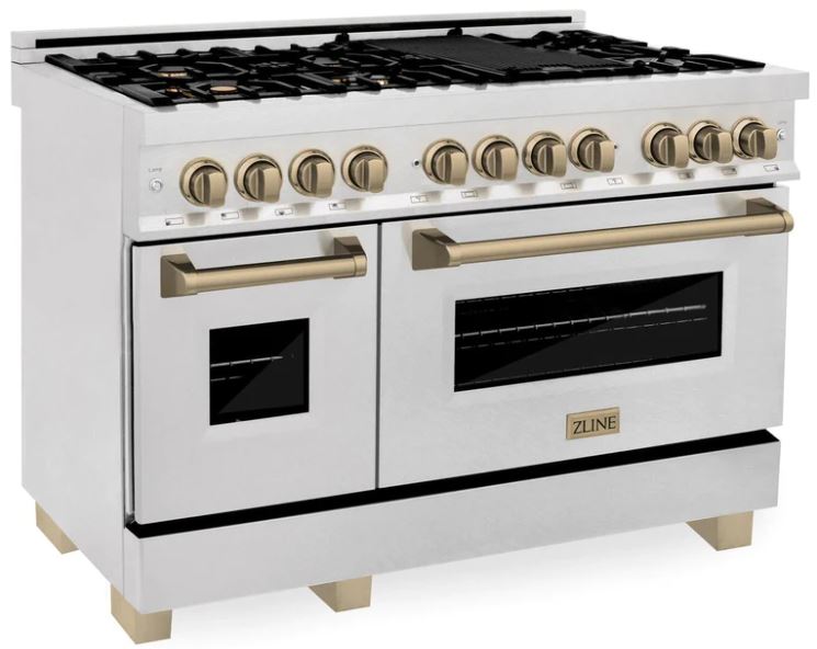 ZLINE Autograph 48 in. Gas Burner, Electric Oven in DuraSnow Stainless Steel with Champagne Bronze Accents, RASZ-SN-48-CB