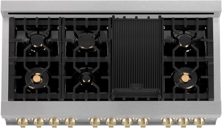 ZLINE Autograph 48 in. Gas Burner, Electric Oven in DuraSnow Stainless Steel with Champagne Bronze Accents, RASZ-SN-48-CB