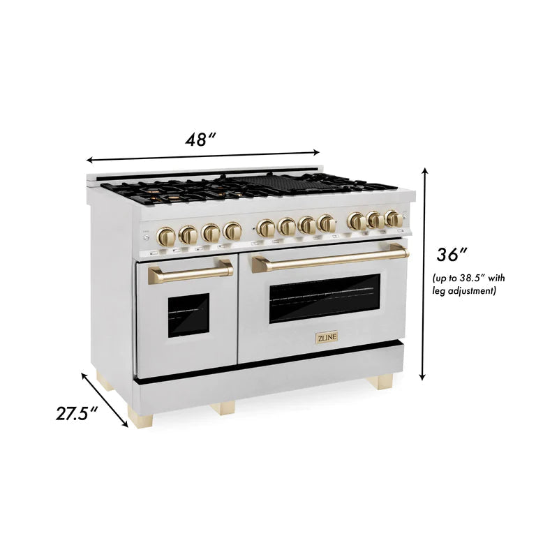 ZLINE Autograph 48 in. Gas Burner/Electric Oven in DuraSnow Stainless Steel with Gold Accents, RASZ-SN-48-G