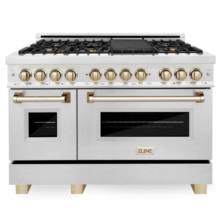 ZLINE Autograph 48 in. Gas Burner/Electric Oven in DuraSnow Stainless Steel with Gold Accents, RASZ-SN-48-G