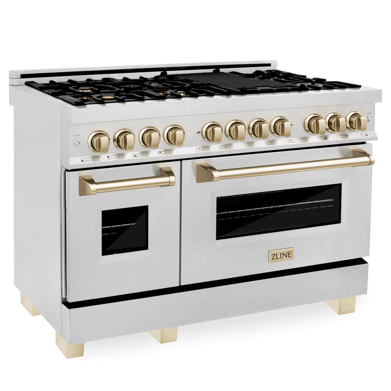 ZLINE Autograph 48 in. Gas Burner/Electric Oven in DuraSnow Stainless Steel with Gold Accents, RASZ-SN-48-G