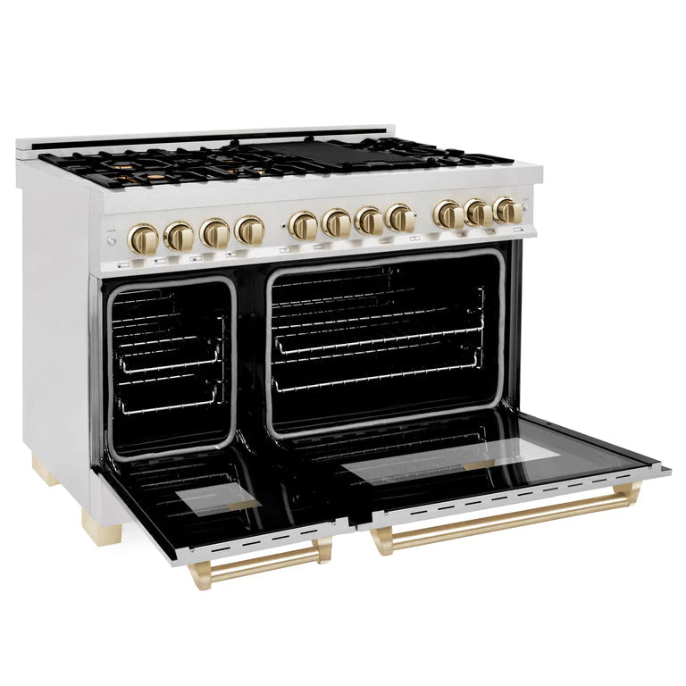 ZLINE Autograph 48 in. Gas Burner/Electric Oven in DuraSnow Stainless Steel with Gold Accents, RASZ-SN-48-G