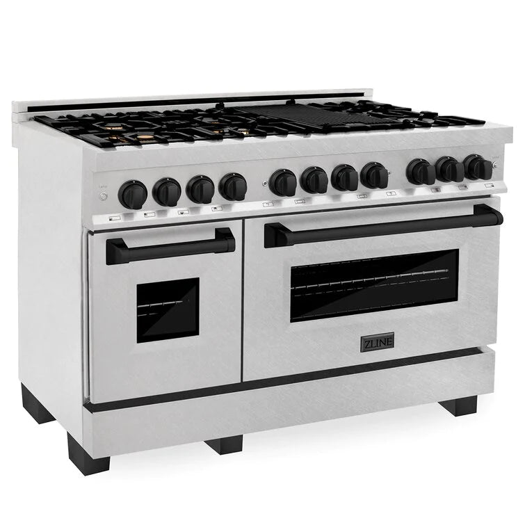 ZLINE Autograph 48 in. Gas Burner/Electric Oven in DuraSnow Stainless Steel with Matte Black Accents, RASZ-SN-48-MB