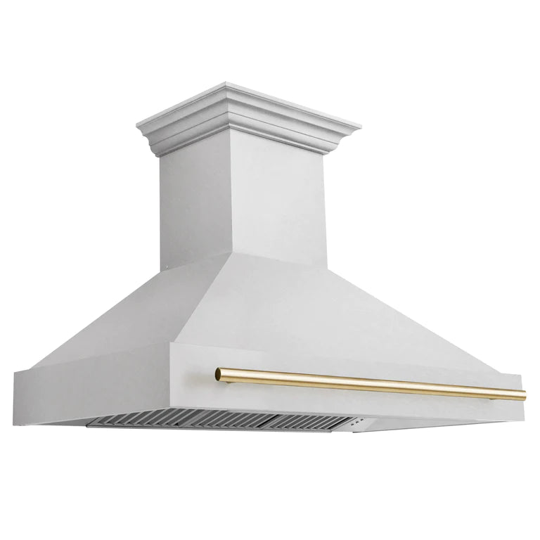 ZLINE Autograph 48 Inch DuraSnow Stainless Steel Range Hood with DuraSnow Shell and Gold Handle, 8654SNZ-48-G