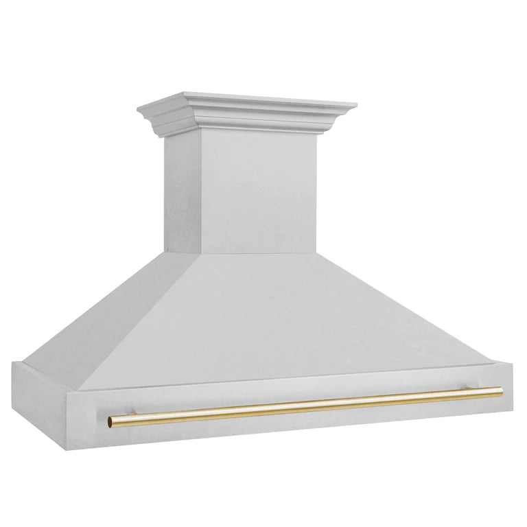 ZLINE Autograph 48 Inch DuraSnow Stainless Steel Range Hood with DuraSnow Shell and Gold Handle, 8654SNZ-48-G