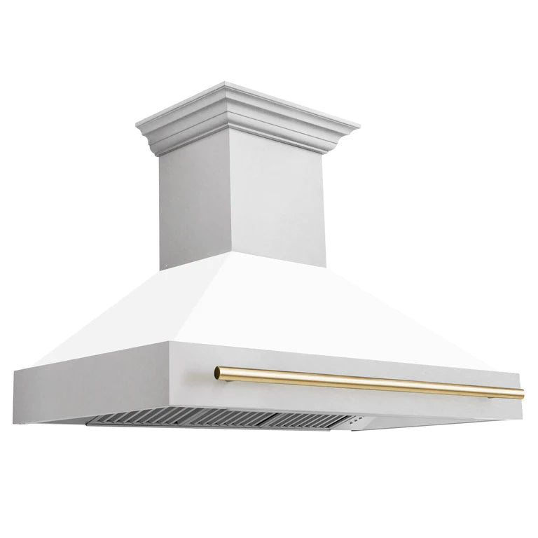 ZLINE Autograph 48 Inch DuraSnow Stainless Steel Range Hood with White Matte Shell and Gold Handle, 8654SNZ-WM48-G