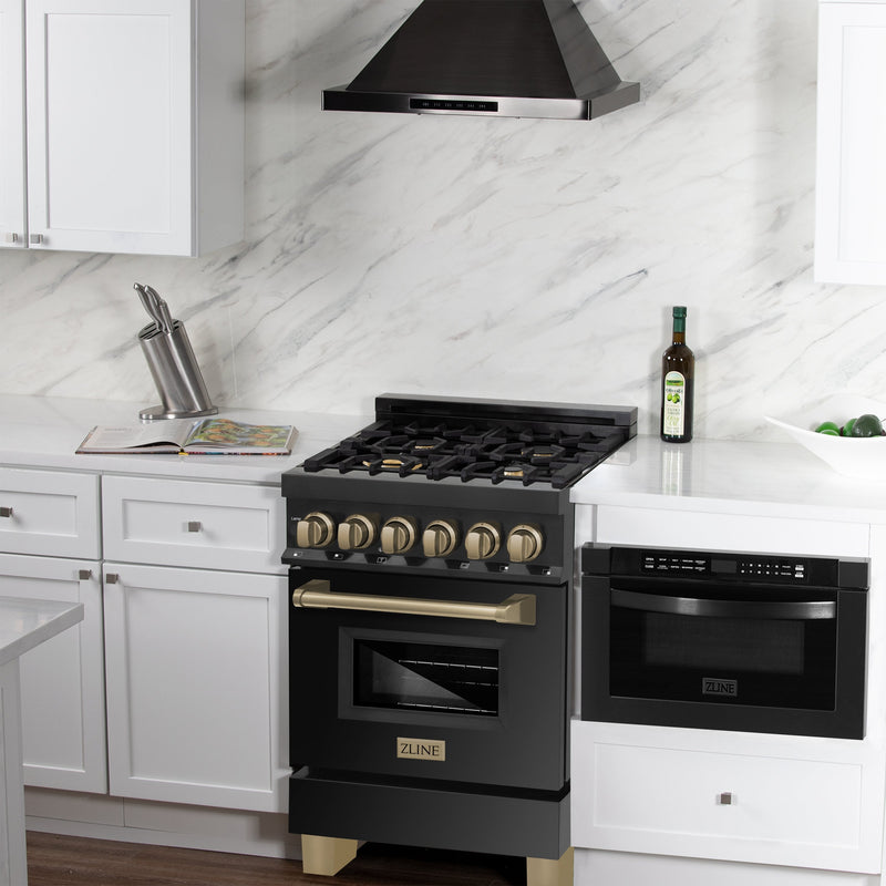 ZLINE Autograph Edition 24" 2.8 cu. ft. Dual Fuel Range with Gas Stove and Electric Oven in Black Stainless Steel with Accents