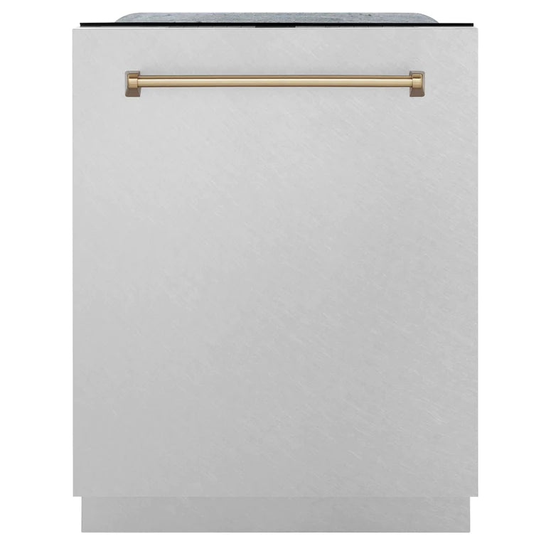 ZLINE Autograph Edition 24 in. Tall Dishwasher, Touch Control in DuraSnow Stainless Steel with Champagne Bronze Handle, DWMTZ-SN-24-CB