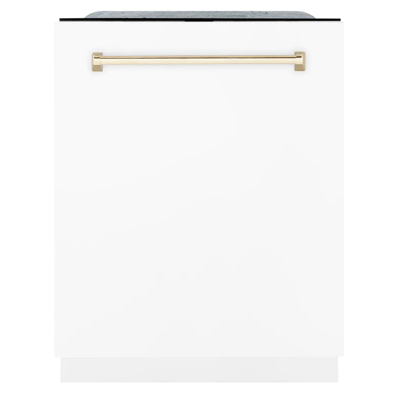 ZLINE Autograph Edition 24 inch Tall Dishwasher, Touch Control, in White Matte with Gold Handle, DWMTZ-WM-24-G