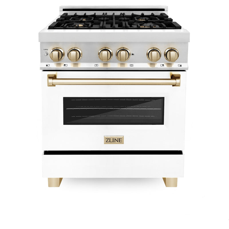 ZLINE Autograph Edition 30 in. 4.0 cu. ft. Dual Fuel Range with Gas Stove and Electric Oven in Stainless Steel with White Matte Door and Polished Gold Accents (RAZ-WM-30-G)