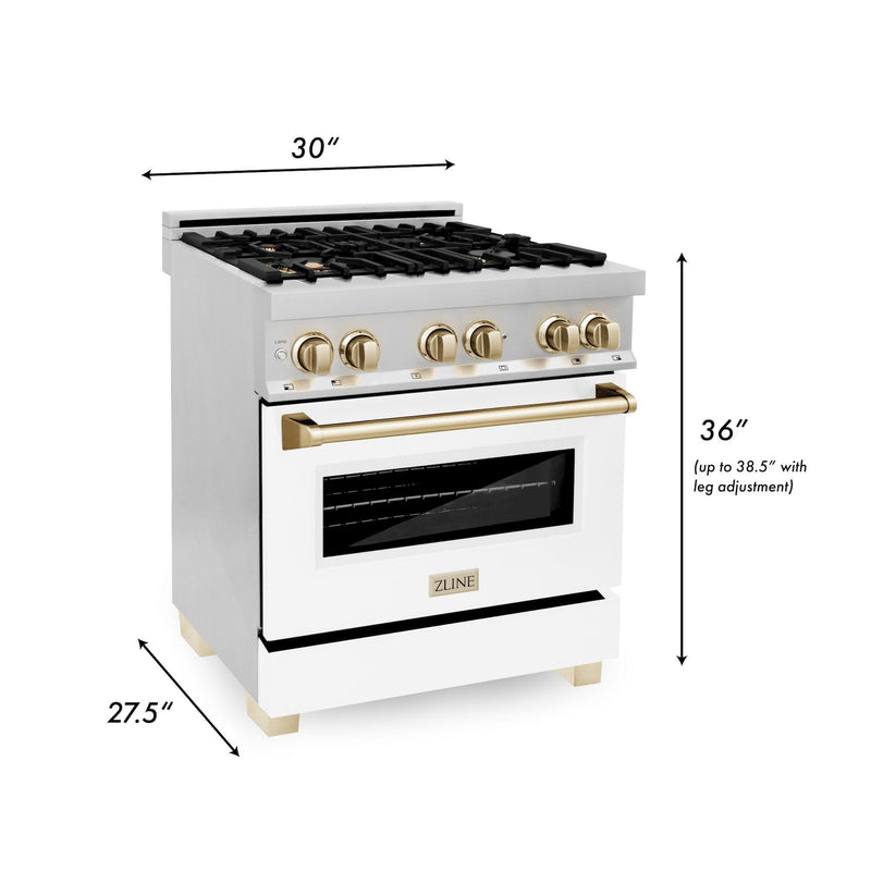 ZLINE Autograph Edition 30 in. 4.0 cu. ft. Dual Fuel Range with Gas Stove and Electric Oven in Stainless Steel with White Matte Door and Polished Gold Accents (RAZ-WM-30-G)