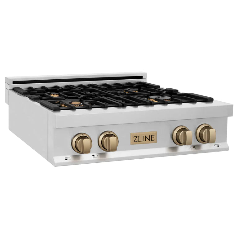 ZLINE Autograph Edition 30 in. Porcelain Rangetop with 4 Gas Burners in Stainless Steel and Champagne Bronze Accents, RTZ-30-CB