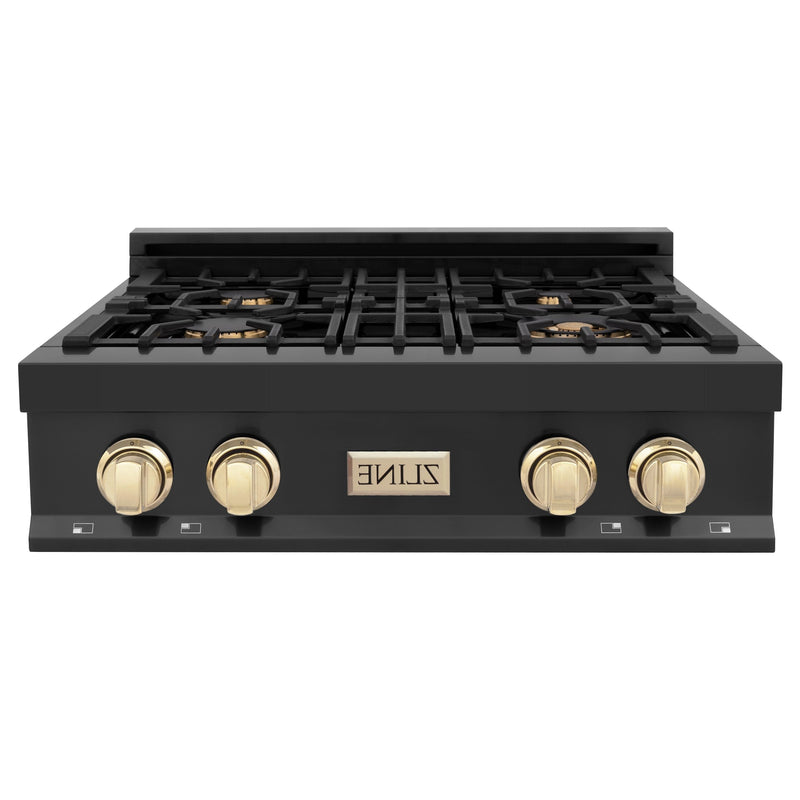 ZLINE Autograph Edition 30" Porcelain Rangetop with 4 Gas Burners in Black Stainless Steel and Accents