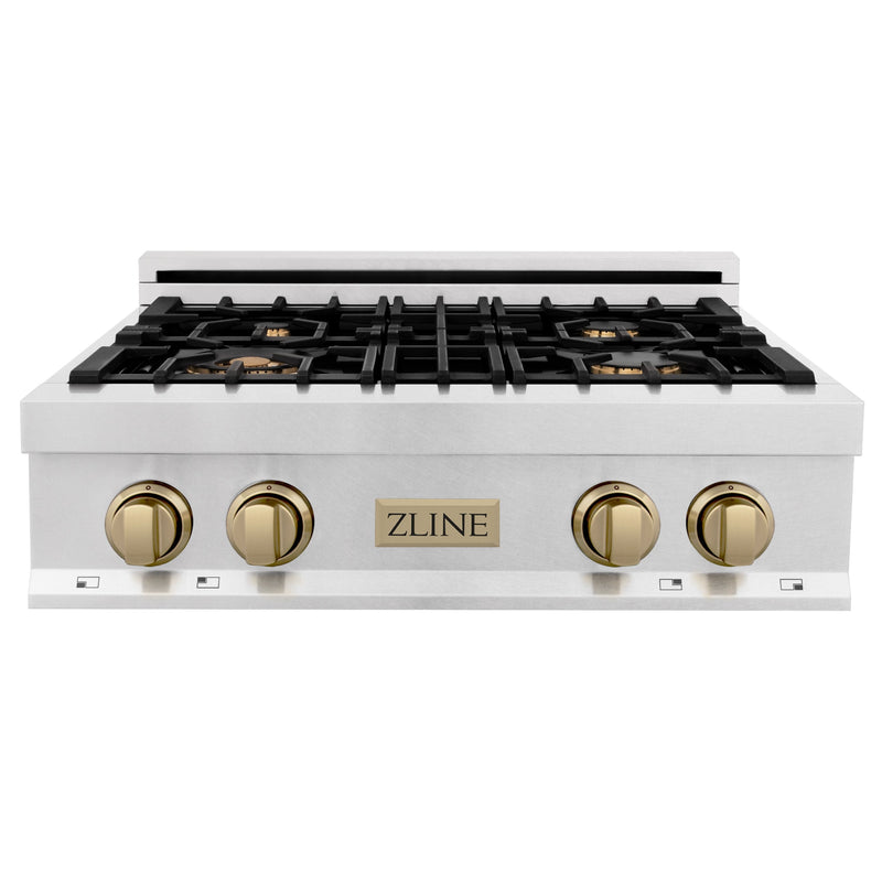 ZLINE Autograph Edition 30" Porcelain Rangetop with 4 Gas Burners in DuraSnow Stainless Steel With Accents