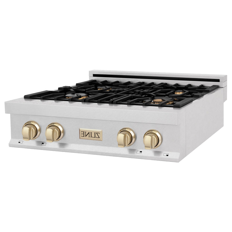 ZLINE Autograph Edition 30" Porcelain Rangetop with 4 Gas Burners in DuraSnow Stainless Steel With Accents