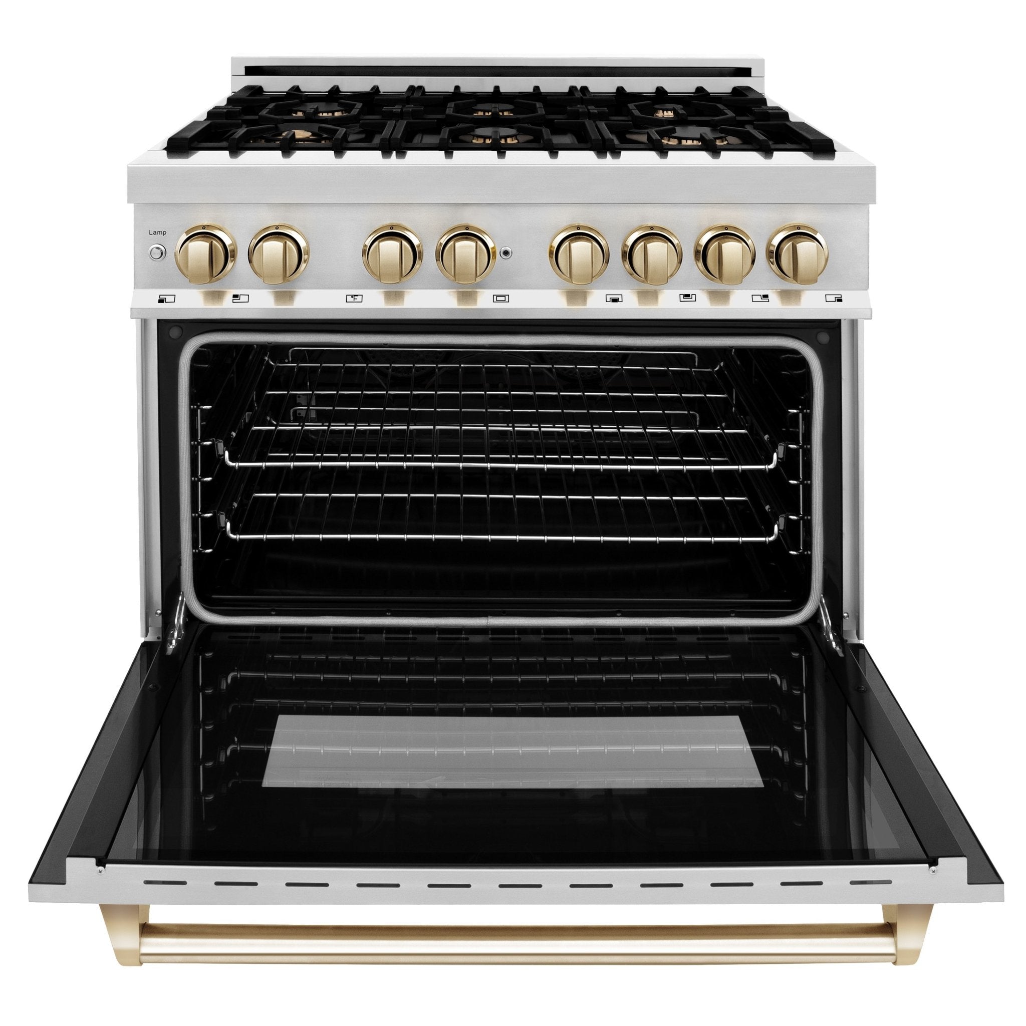 ZLINE Autograph Edition 36 in. 4.6 cu. ft. Dual Fuel Range with Gas Stove and Electric Oven in Stainless Steel with Polished Gold Accents (RAZ-36-G)