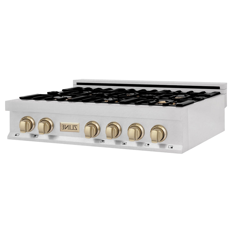 ZLINE Autograph Edition 36" Porcelain Rangetop with 6 Gas Burners in Dura Snow Stainless Steel With Accents