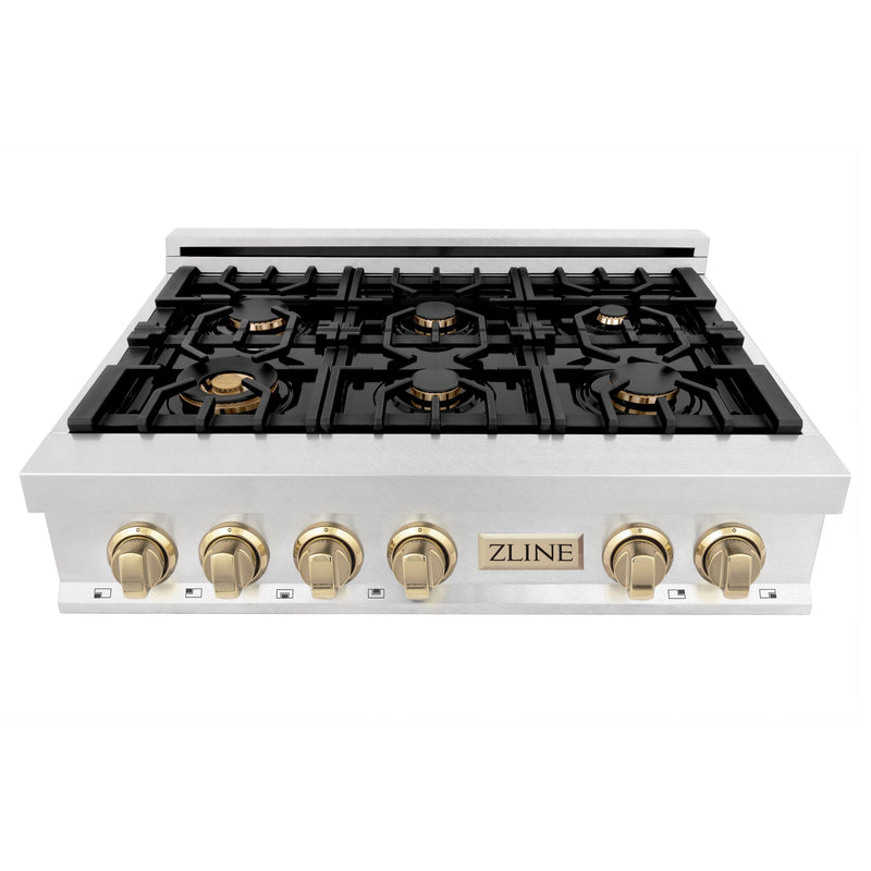 ZLINE Autograph Edition 36" Porcelain Rangetop with 6 Gas Burners in Dura Snow Stainless Steel With Accents