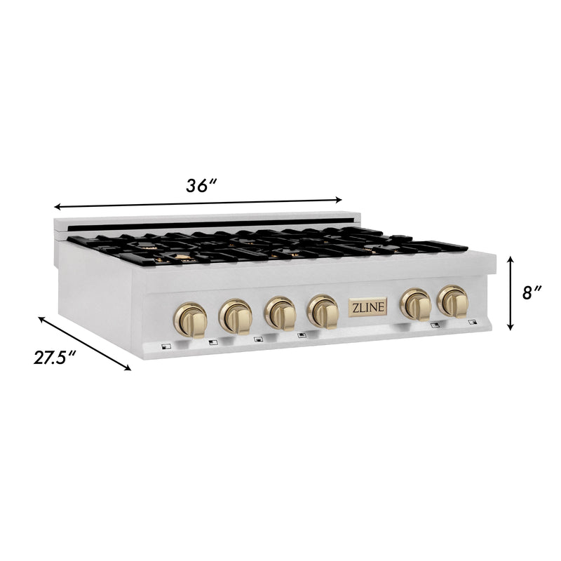 ZLINE Autograph Edition 36" Porcelain Rangetop with 6 Gas Burners in Dura Snow Stainless Steel With Accents