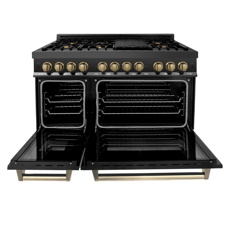 ZLINE Autograph Edition 48" 6.0 cu. ft. Dual Fuel Range with Gas Stove and Electric Oven in Black Stainless Steel with Accents