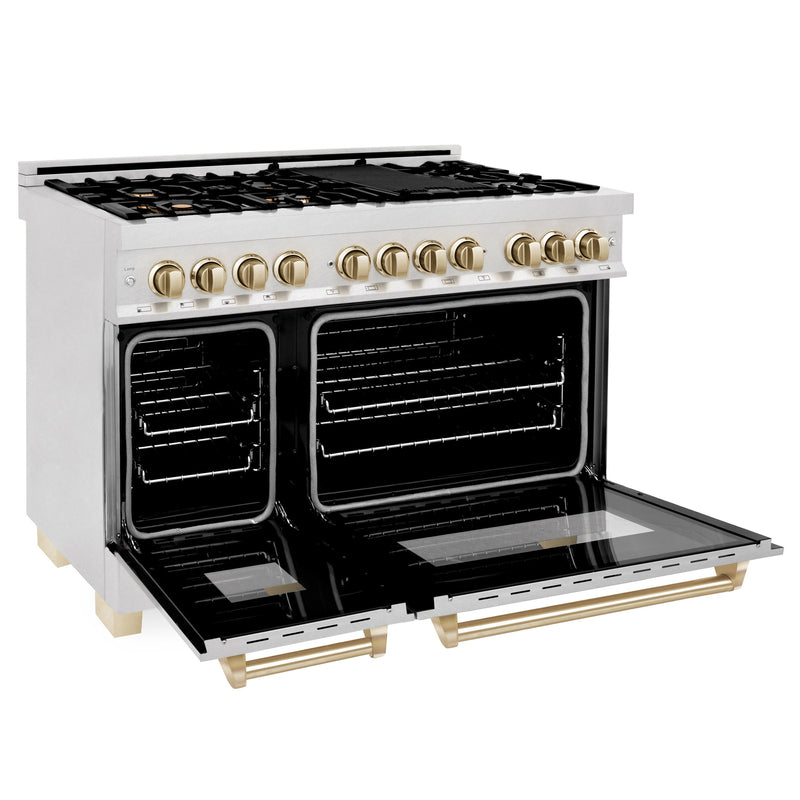 ZLINE Autograph Edition 48" 6.0 cu. ft. Dual Fuel Range with Gas Stove and Electric Oven in DuraSnow Stainless Steel with Accents