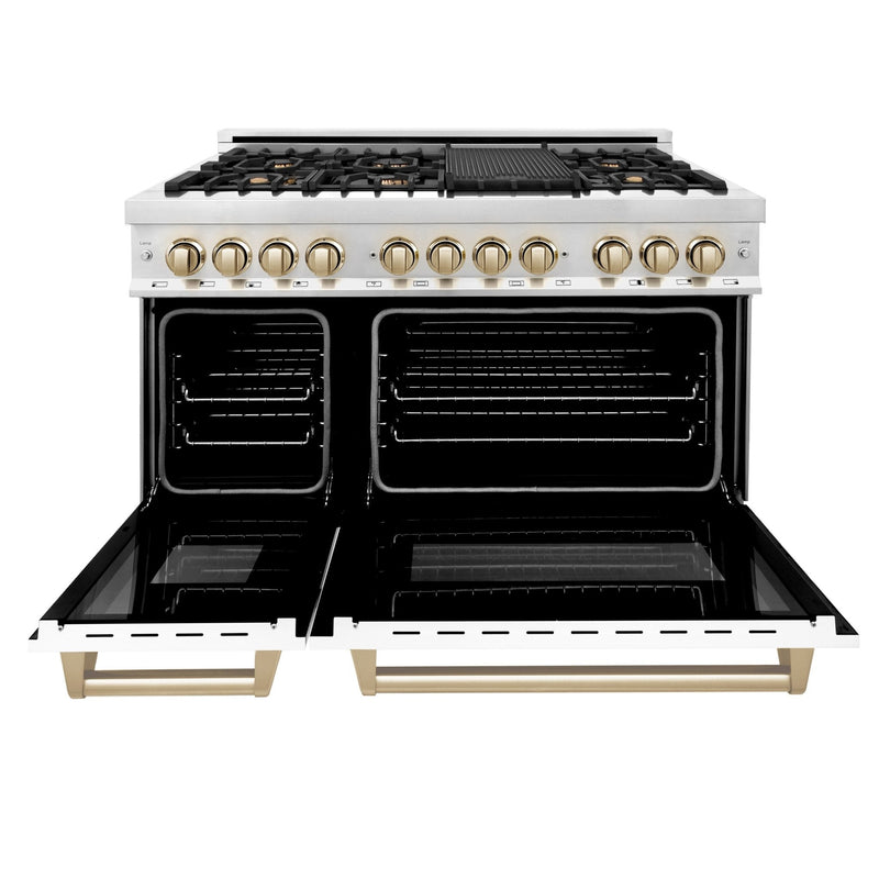 ZLINE Autograph Edition 48 in. 6.0 cu. ft. Dual Fuel Range with Gas Stove and Electric Oven in Stainless Steel with White Matte Door and Polished Gold Accents (RAZ-WM-48-G)