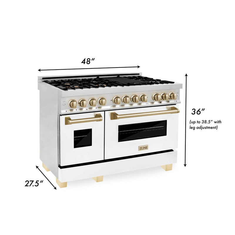 ZLINE Autograph Edition 48 in. 6.0 cu. ft. Dual Fuel Range with Gas Stove and Electric Oven in Stainless Steel with White Matte Door and Polished Gold Accents (RAZ-WM-48-G)