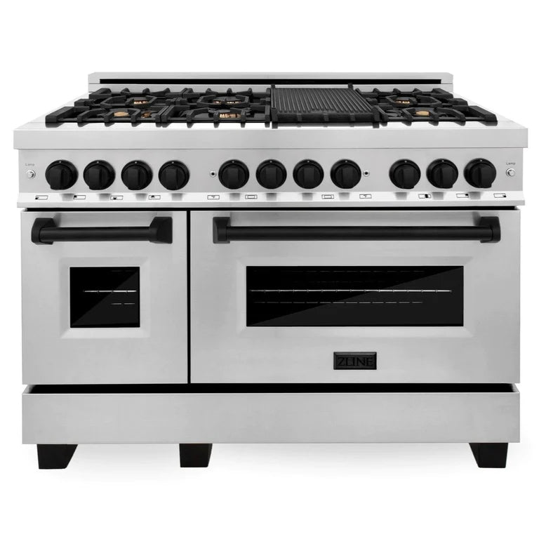 ZLINE Autograph Edition 48 in. 6.0 cu. ft. Dual Fuel Range with Gas Stove and Electric Oven in Stainless Steel with Matte Black Accents, RAZ-48-MB