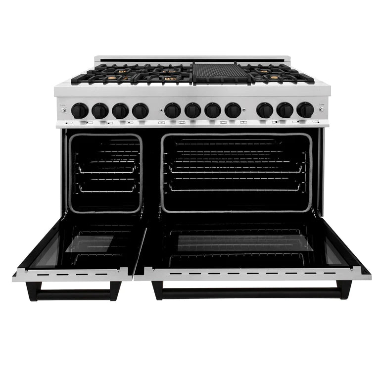 ZLINE Autograph Edition 48 in. 6.0 cu. ft. Dual Fuel Range with Gas Stove and Electric Oven in Stainless Steel with Matte Black Accents, RAZ-48-MB