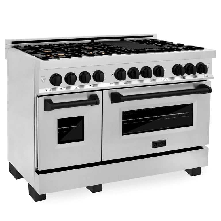 ZLINE Autograph Edition 48 in. 6.0 cu. ft. Dual Fuel Range with Gas Stove and Electric Oven in Stainless Steel with Matte Black Accents, RAZ-48-MB