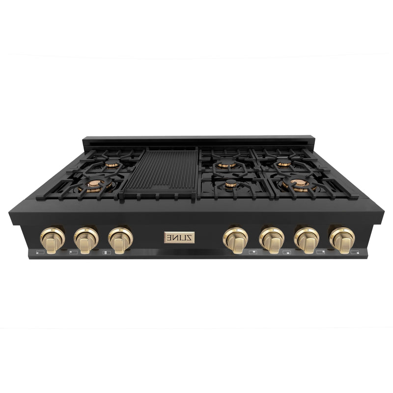 ZLINE Autograph Edition 48" Porcelain Rangetop with 7 Gas Burners in Black Stainless Steel With Accents