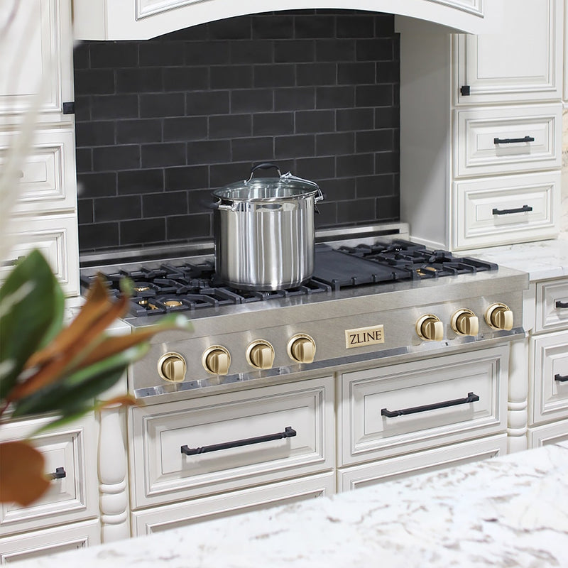 ZLINE Autograph Edition 48" Porcelain Rangetop with 7 Gas Burners in Dura Snow Stainless Steel With Accents