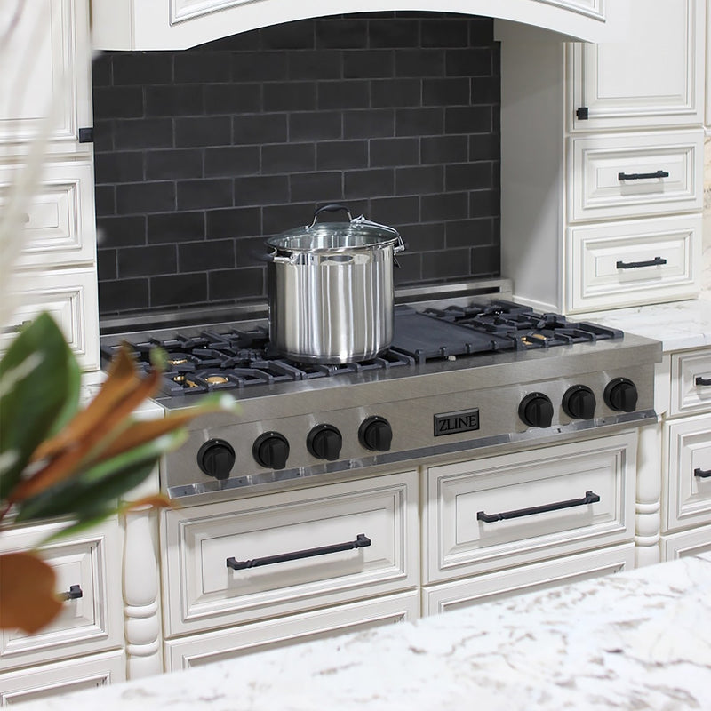 ZLINE Autograph Edition 48" Porcelain Rangetop with 7 Gas Burners in Dura Snow Stainless Steel With Accents