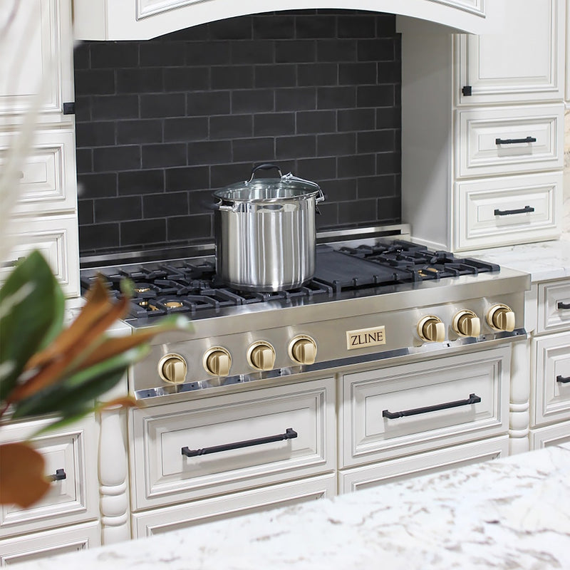 ZLINE Autograph Edition 48" Porcelain Rangetop with 7 Gas Burners in Stainless Steel With Accents