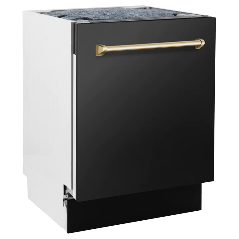 ZLINE Autograph Series 24 inch Tall Dishwasher in Black Stainless Steel with Gold Handle, DWVZ-BS-24-G