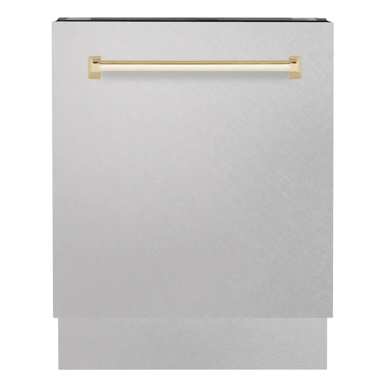 ZLINE Autograph Series 24 inch Tall Dishwasher in DuraSnow Stainless Steel with Gold Handle, DWVZ-SN-24-G