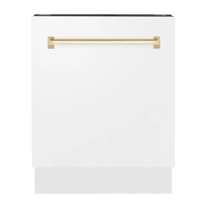 ZLINE Autograph Series 24 inch Tall Dishwasher in White Matte with Champagne Bronze Handle